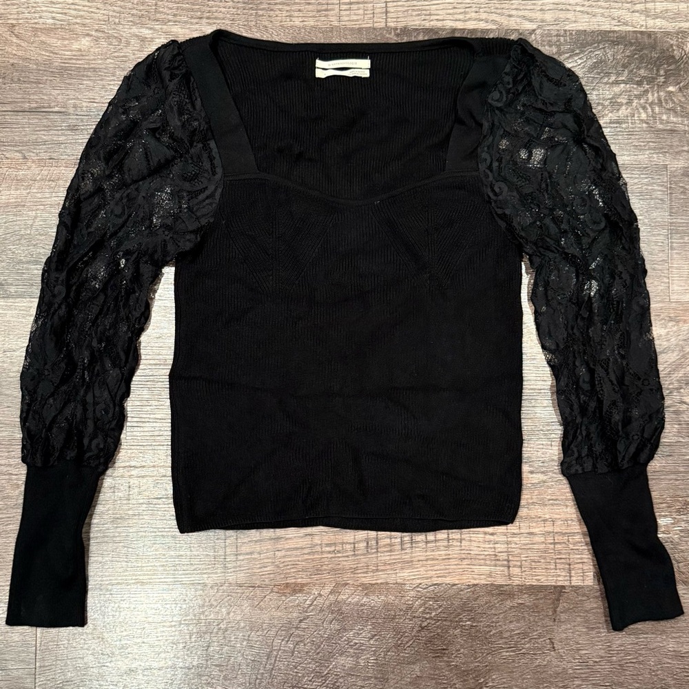 Anthropologie Classic Ribbed Black Sweater Top With Lace Sleeves Size Small